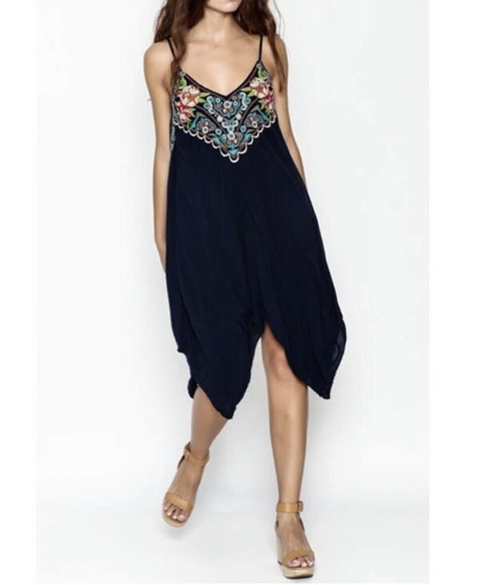 Johnny Was 3J Blue Embroidered Asymmetrical Handkerchief Sleeveless Dress Sz XS